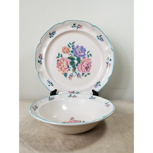 Large Serving Plate & Bowl Cottage Rose Stoneware International Tableworks Japan - Picture 2 of 11